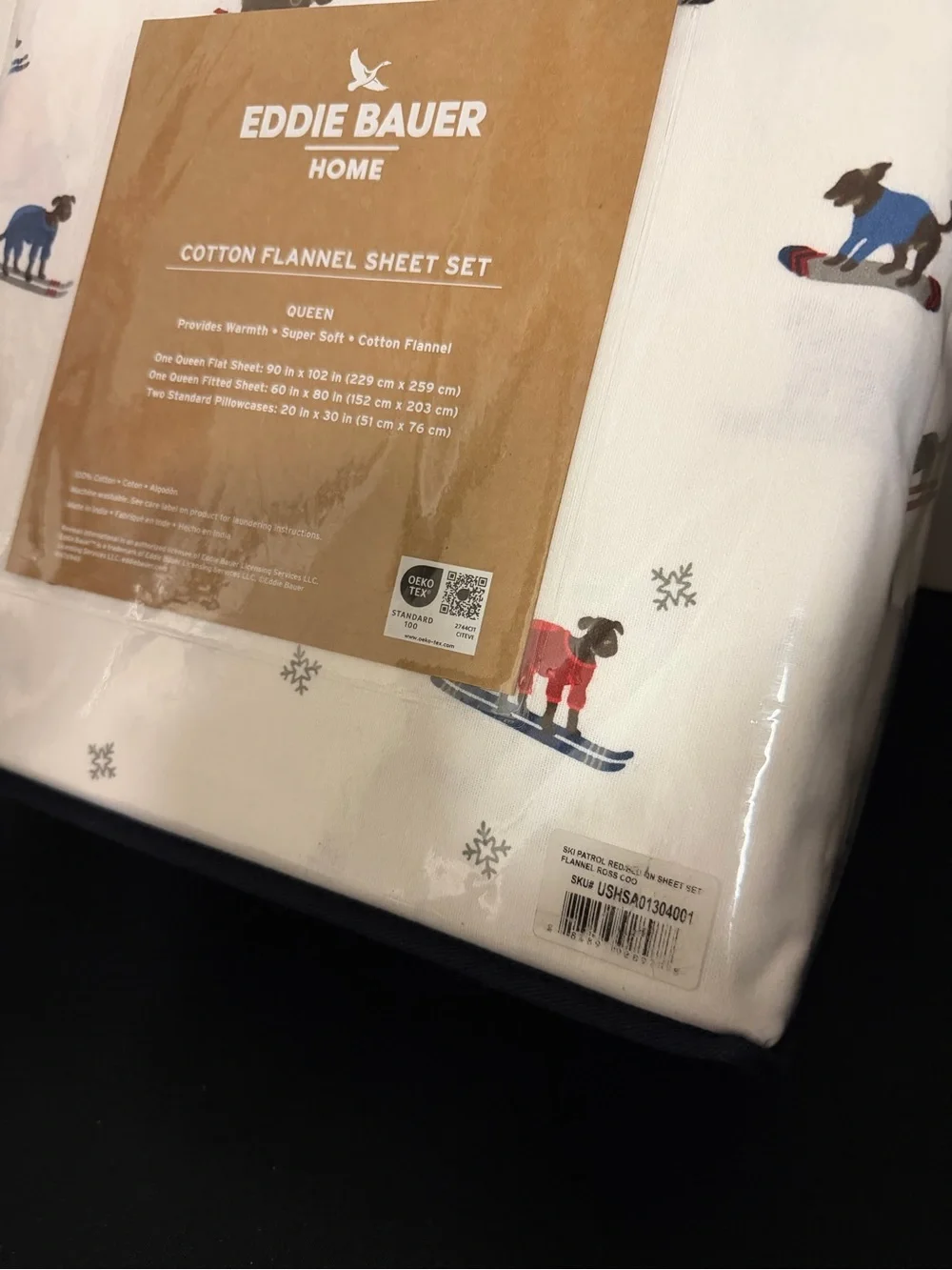 Eddie Bauer Queen Cotton Flannel Sheet Set - White with Ski Dog Print New